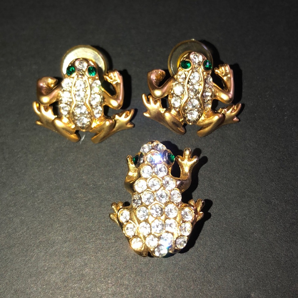 Gold Rhinestone Frog Earrings and Pin Set
